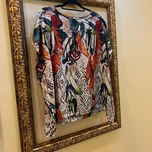 ***Madison cream and teal feather print kimono top S
